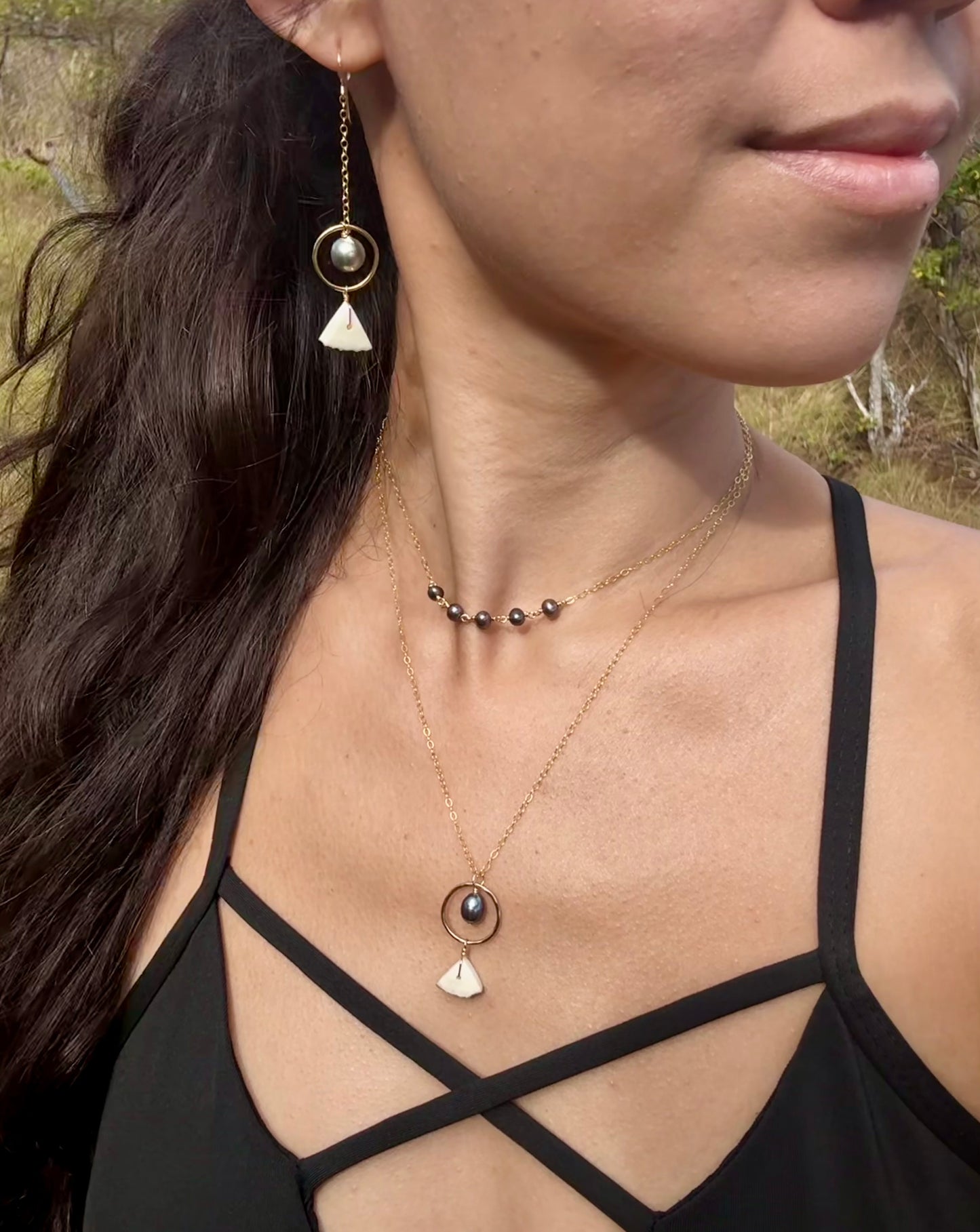 Triangle-cut Antler and Pearl Necklace