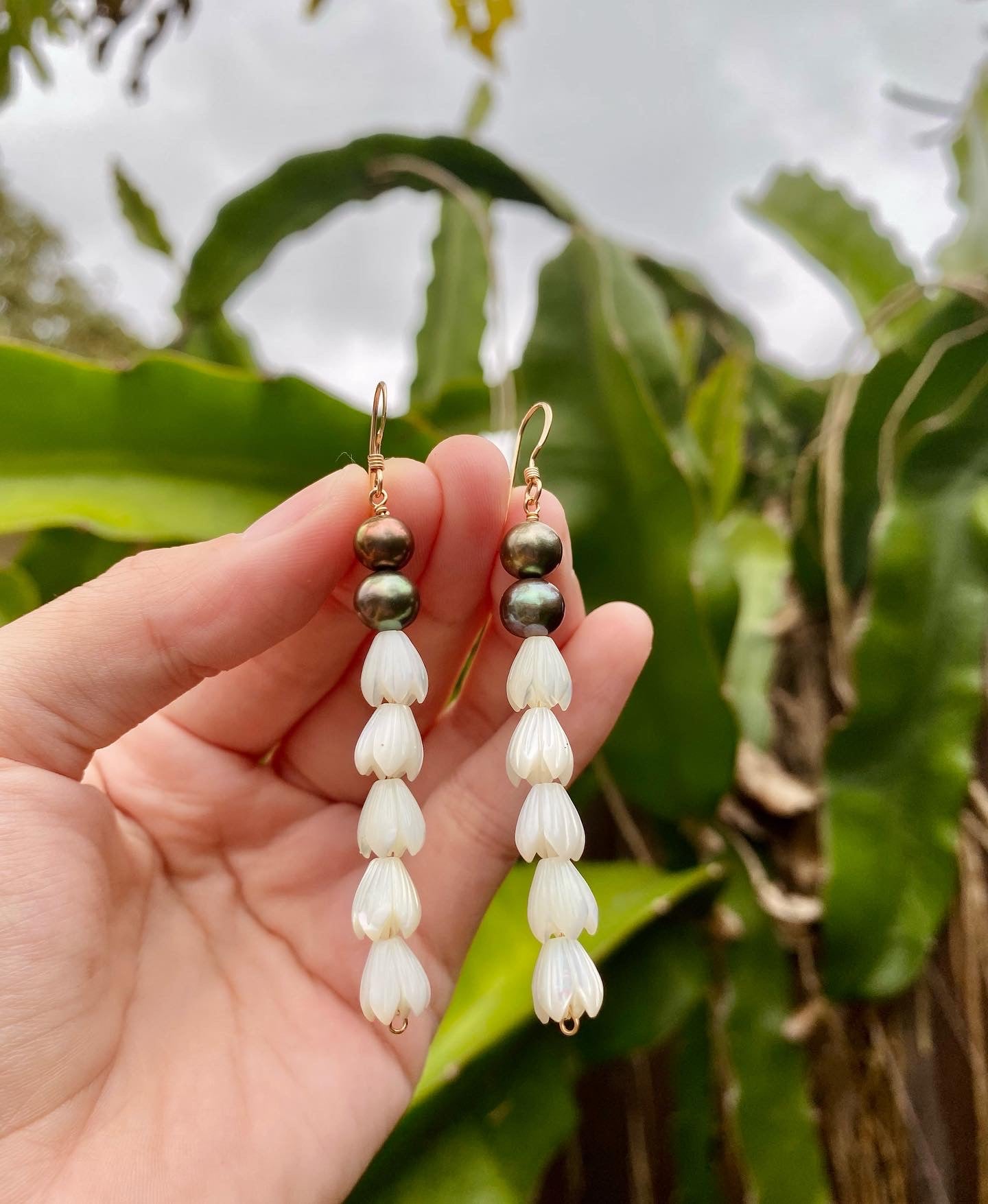 Freshwater Pearl and Pikake Earrings