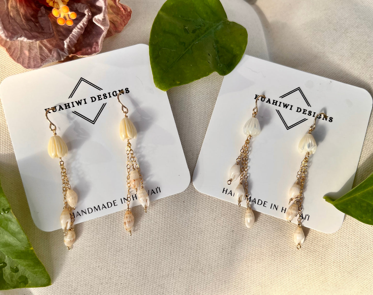 Niihau Laiki Shell and Pikake Earrings