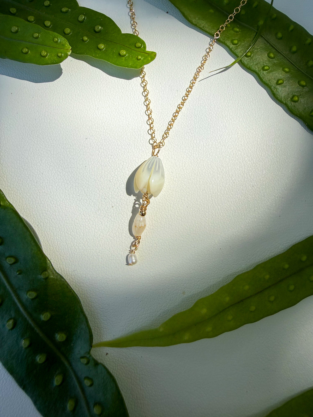 Niihau Laiki Shell and Pikake Necklace