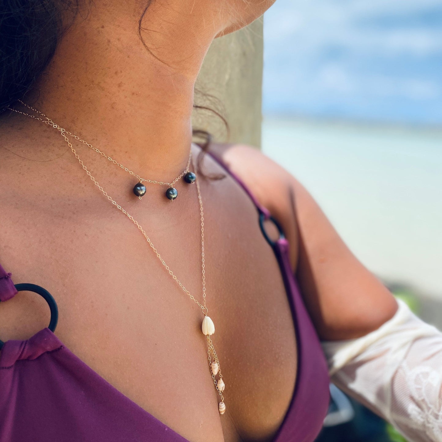 Niihau Laiki Shell and Pikake Necklace