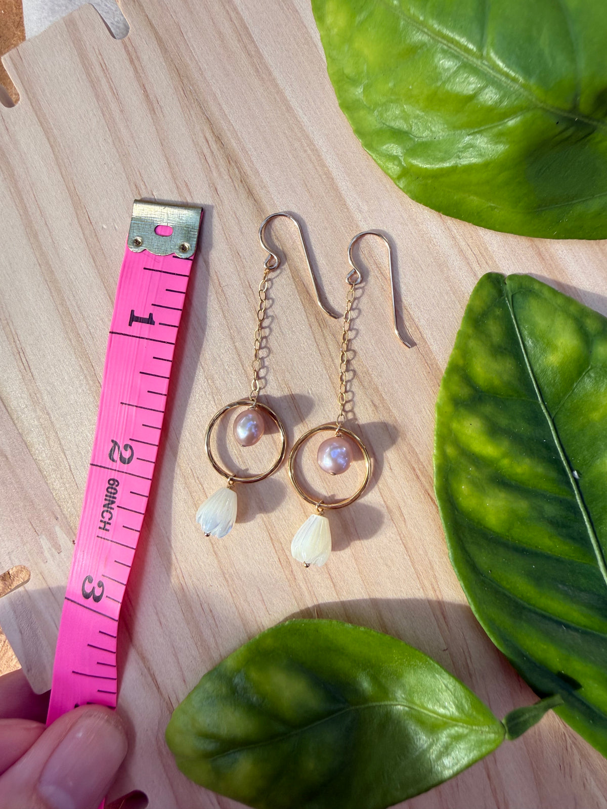 Pearl and Pikake Dangly Hoop Earrings