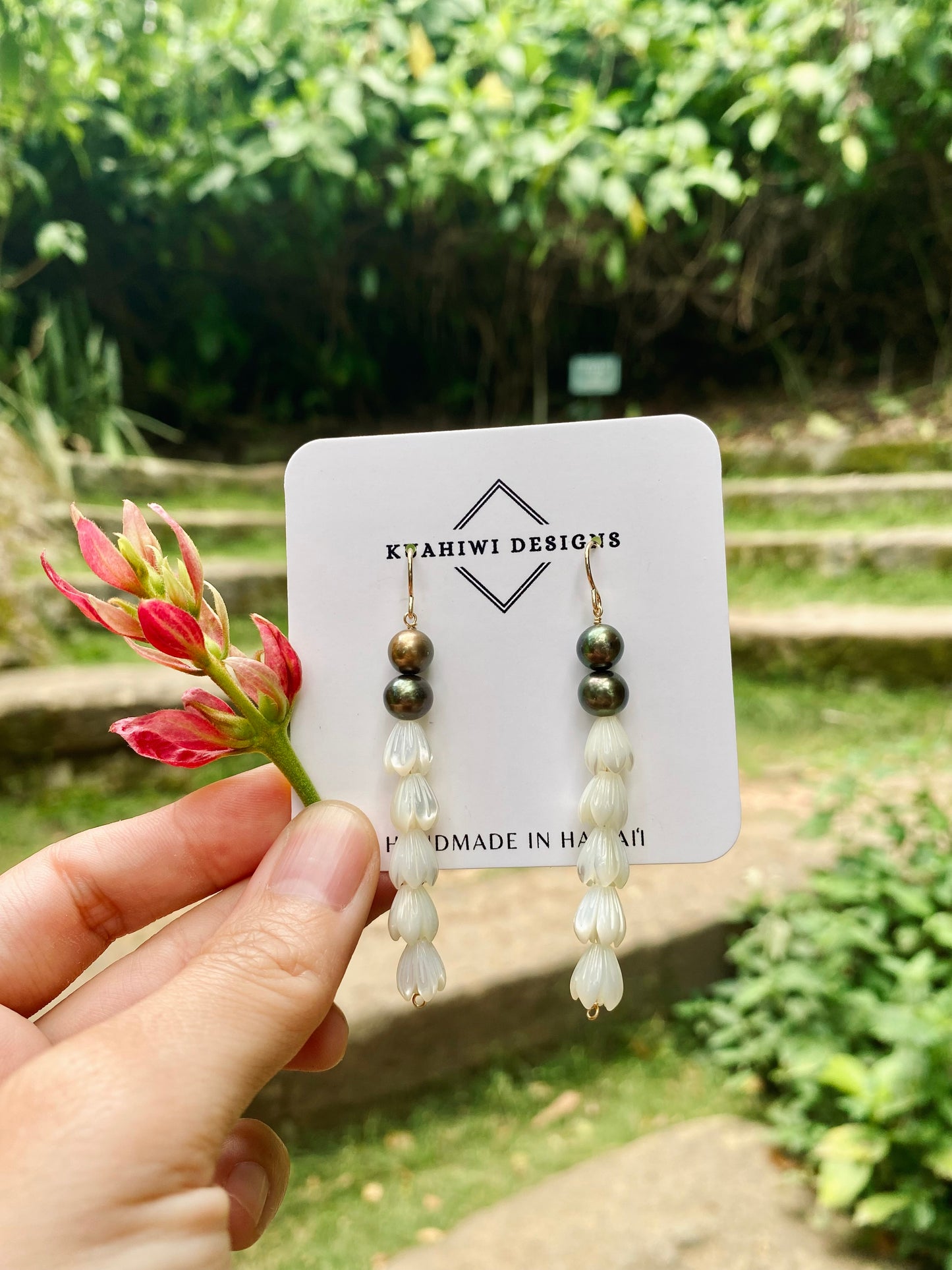 Freshwater Pearl and Pikake Earrings