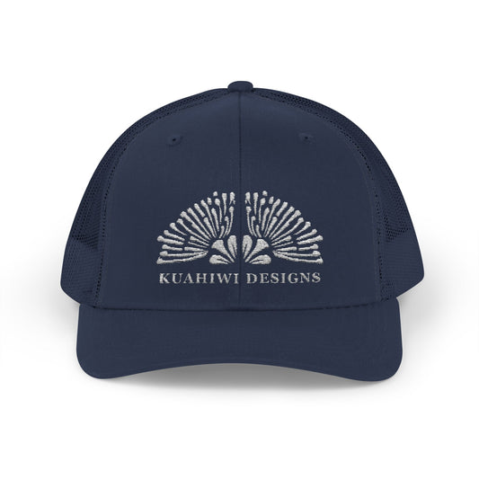 Lehua Trucker Hat - White Stitching on Navy