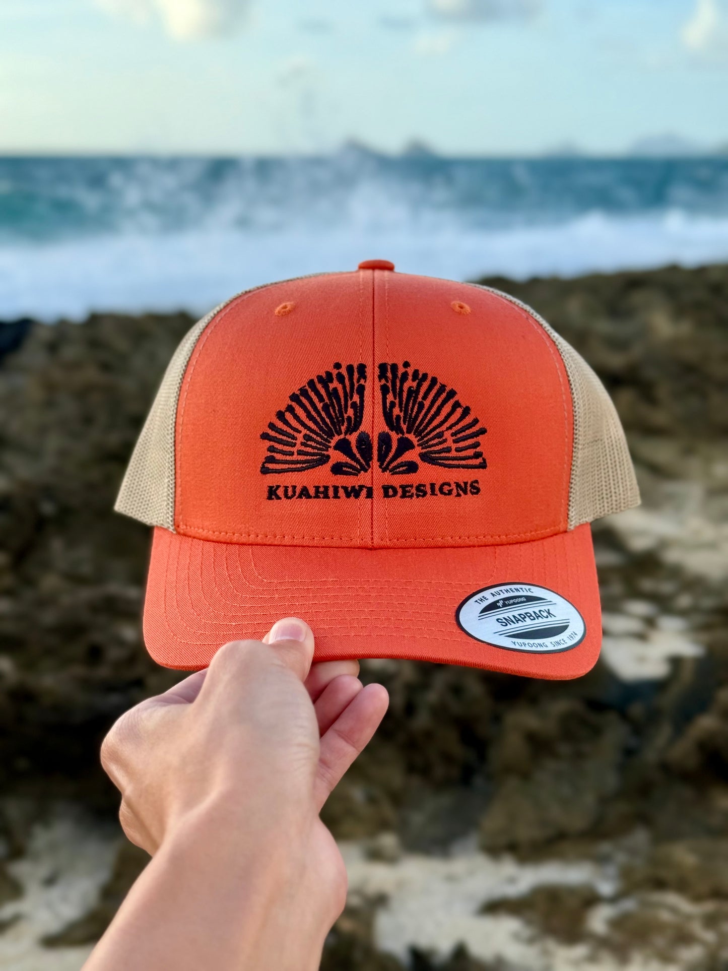 Lehua Trucker Hat - Black Stitching on Orange/Khaki