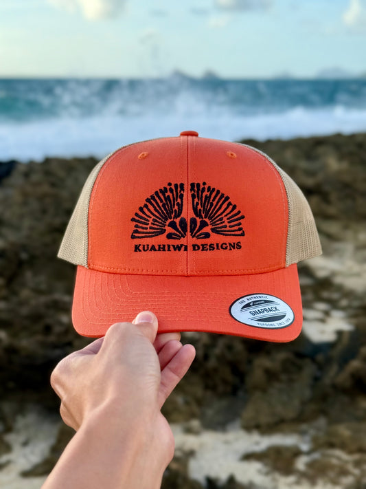 Lehua Trucker Hat - Black Stitching on Orange/Khaki