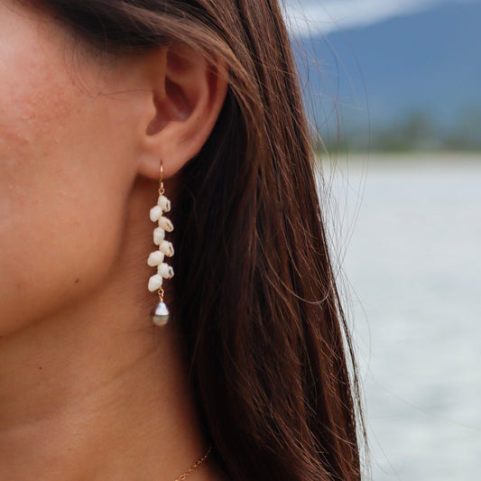 Flawed Niihau Momi and Tahitian Pearl Earrings - Kala Mai Sale Item