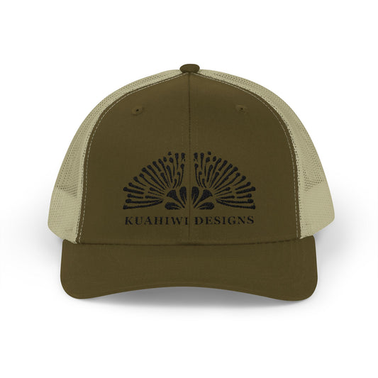Lehua Trucker Hat - Black Stitching on Moss/Khaki