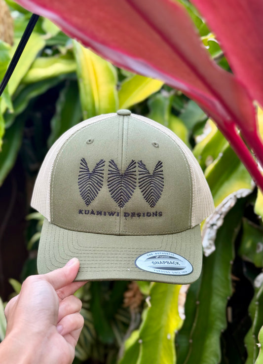 Kalo Trucker Hat - Black Stitching on Moss/Khaki