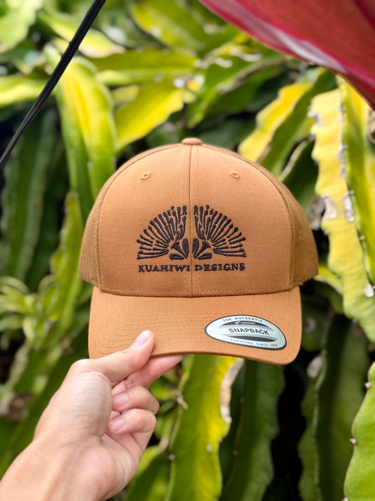 Lehua Trucker Hat - Black Stitching on Caramel