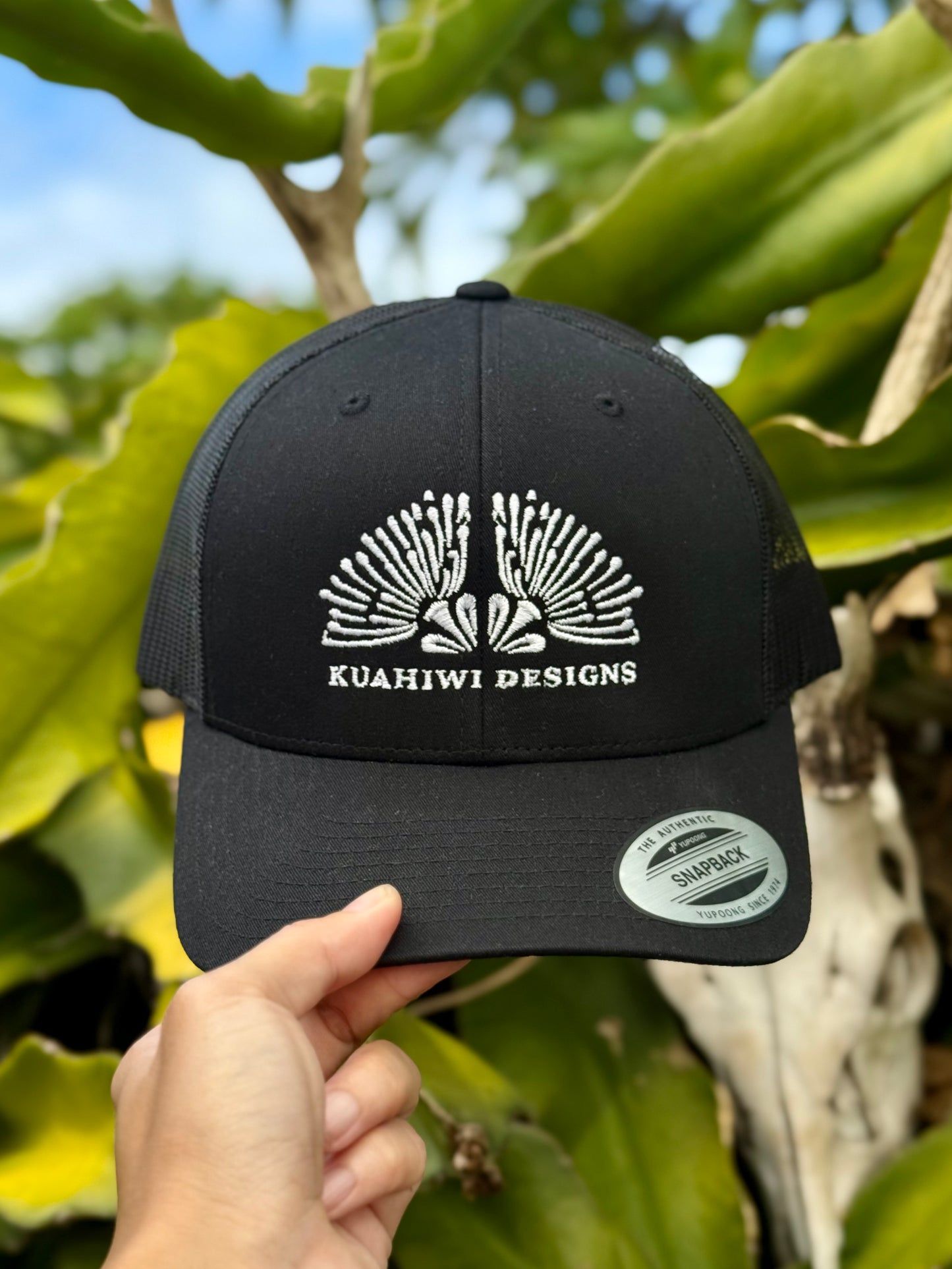 Lehua Trucker Hat - White Stitching on Black