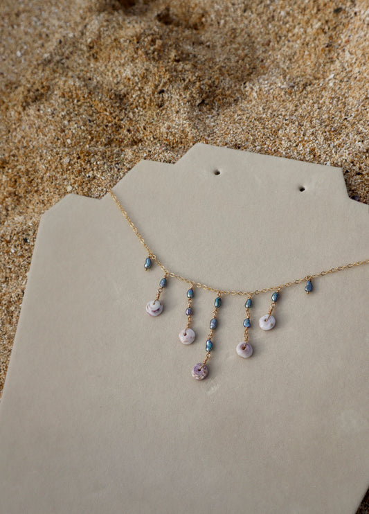 Purple Puka and Pearl Droplet Necklace