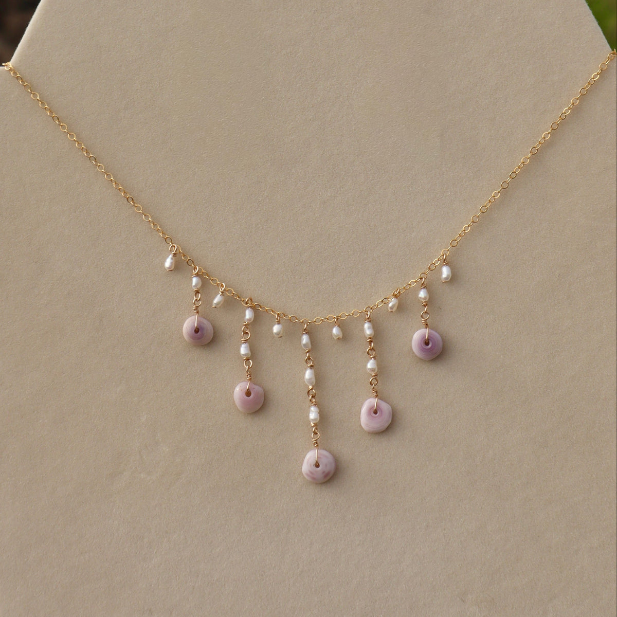 Purple Puka and Pearl Droplet Necklace