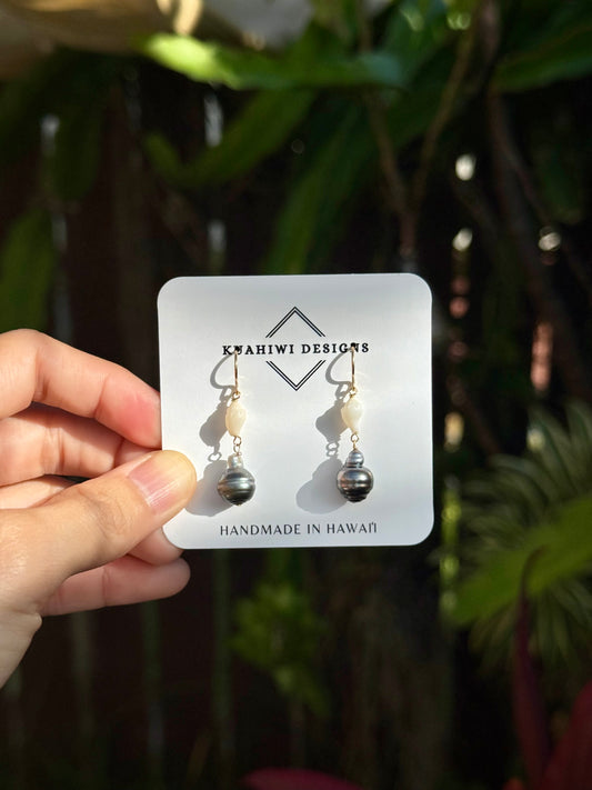 Flawed Niihau Momi and Tahitian Pearl Earrings - Kala Mai Sale Item