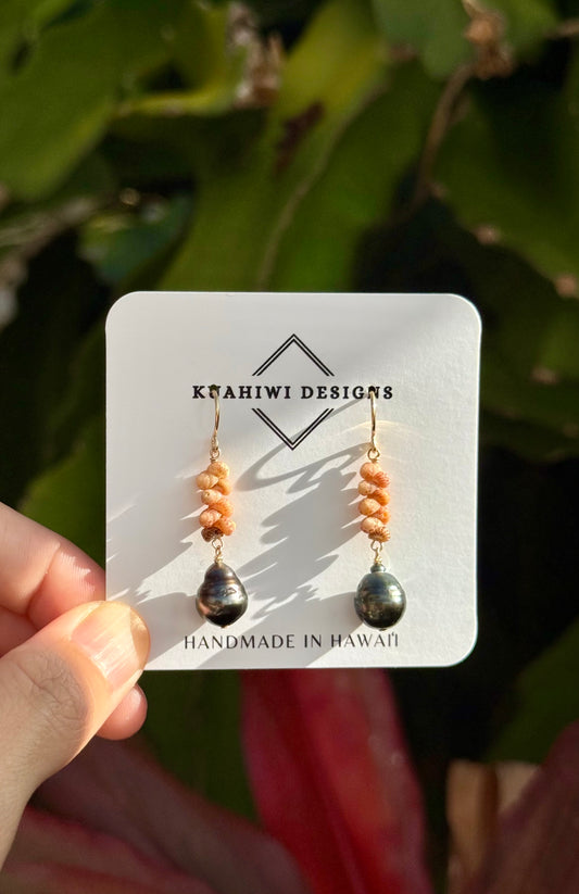 Flawed Kauai Kahelelani and Tahitian Pearl Earrings - Kala Mai Sale Item