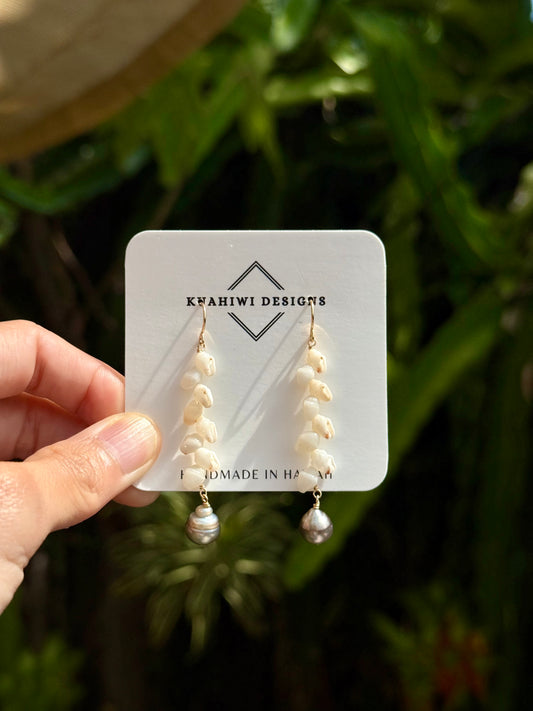 Flawed Niihau Momi and Tahitian Pearl Earrings - Kala Mai Sale Item