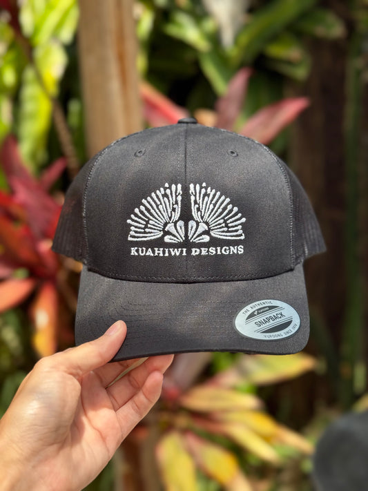 Lehua Trucker Hat - White Stitching on Black