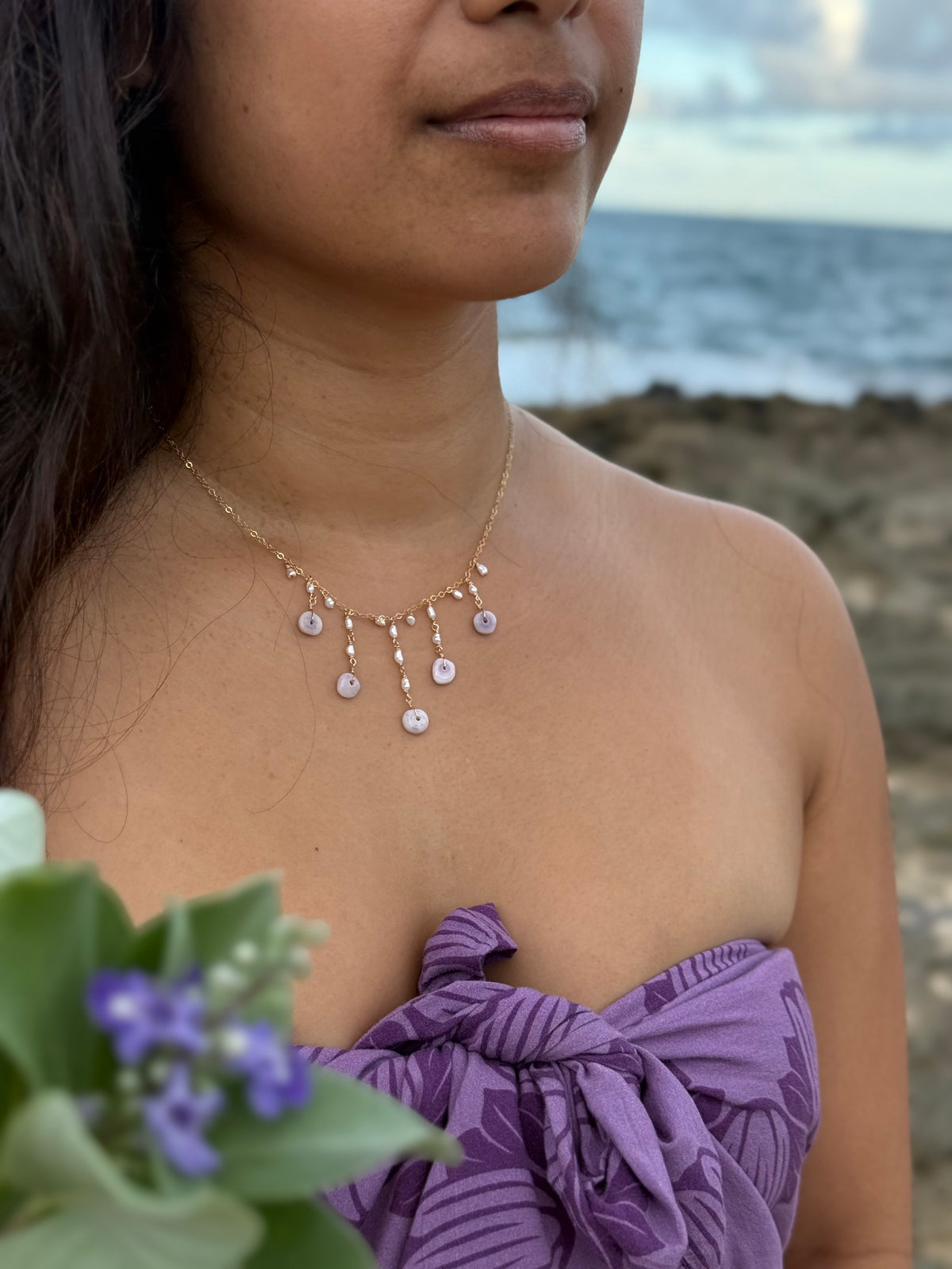 Purple Puka and Pearl Droplet Necklace