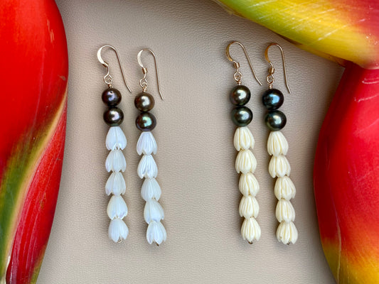 Freshwater Pearl and Pikake Earrings