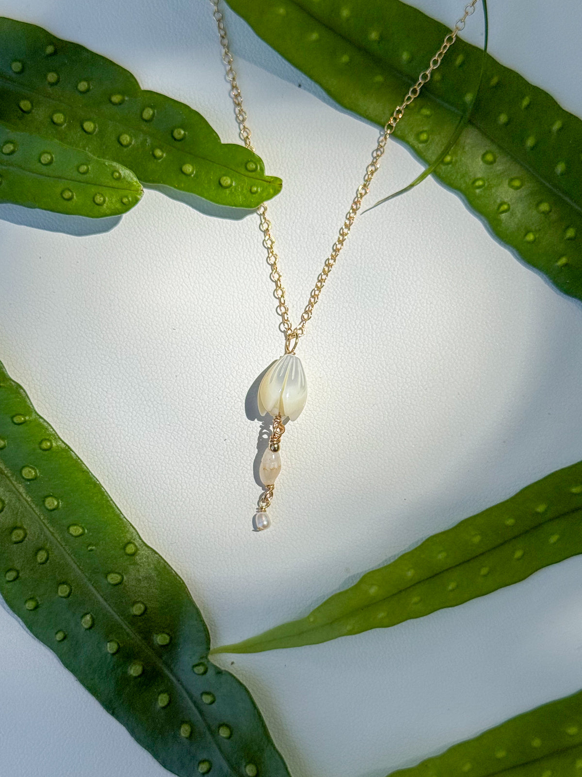 Niihau Laiki Shell and Pikake Necklace