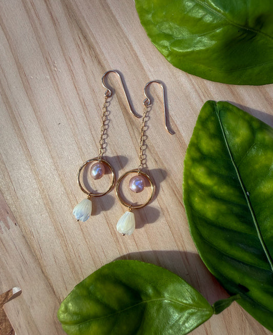 Pearl and Pikake Dangly Hoop Earrings