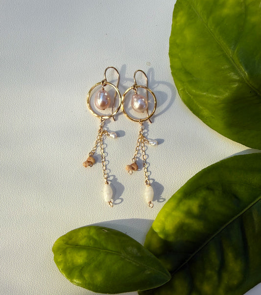 Pink Pearl and Niihau Shell Dangle Earrings