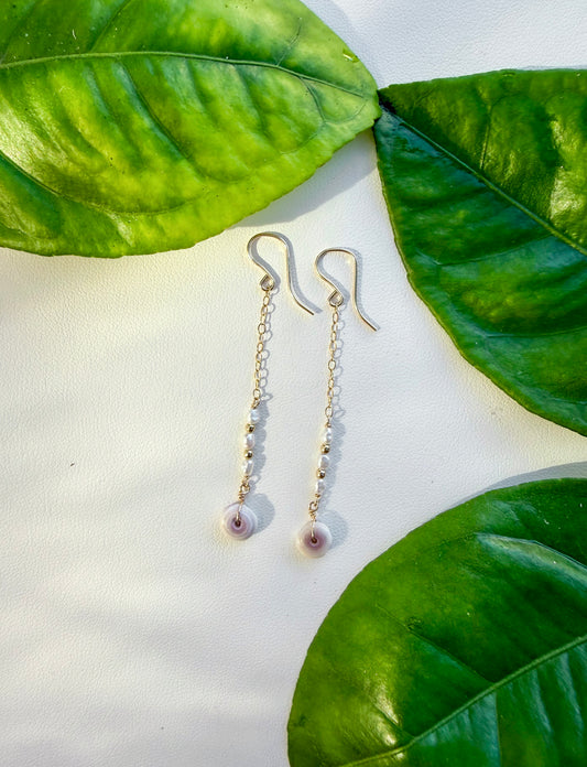 Purple Puka and Pearl Earrings
