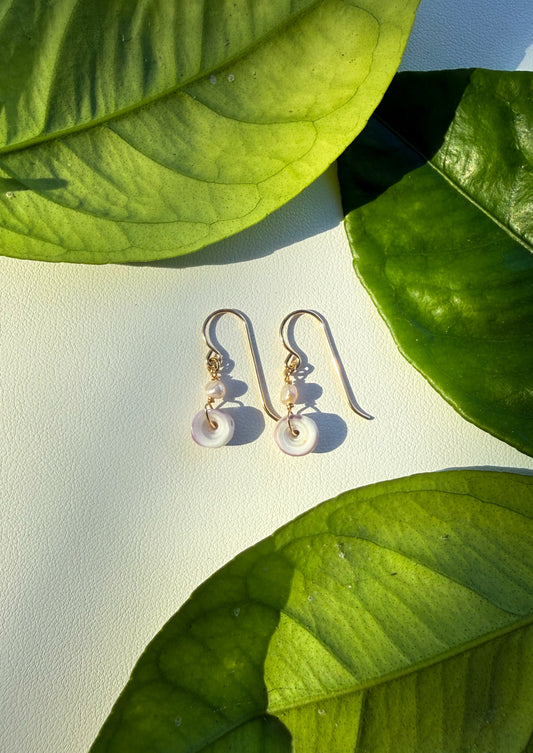 Purple Puka and Pearl Earrings