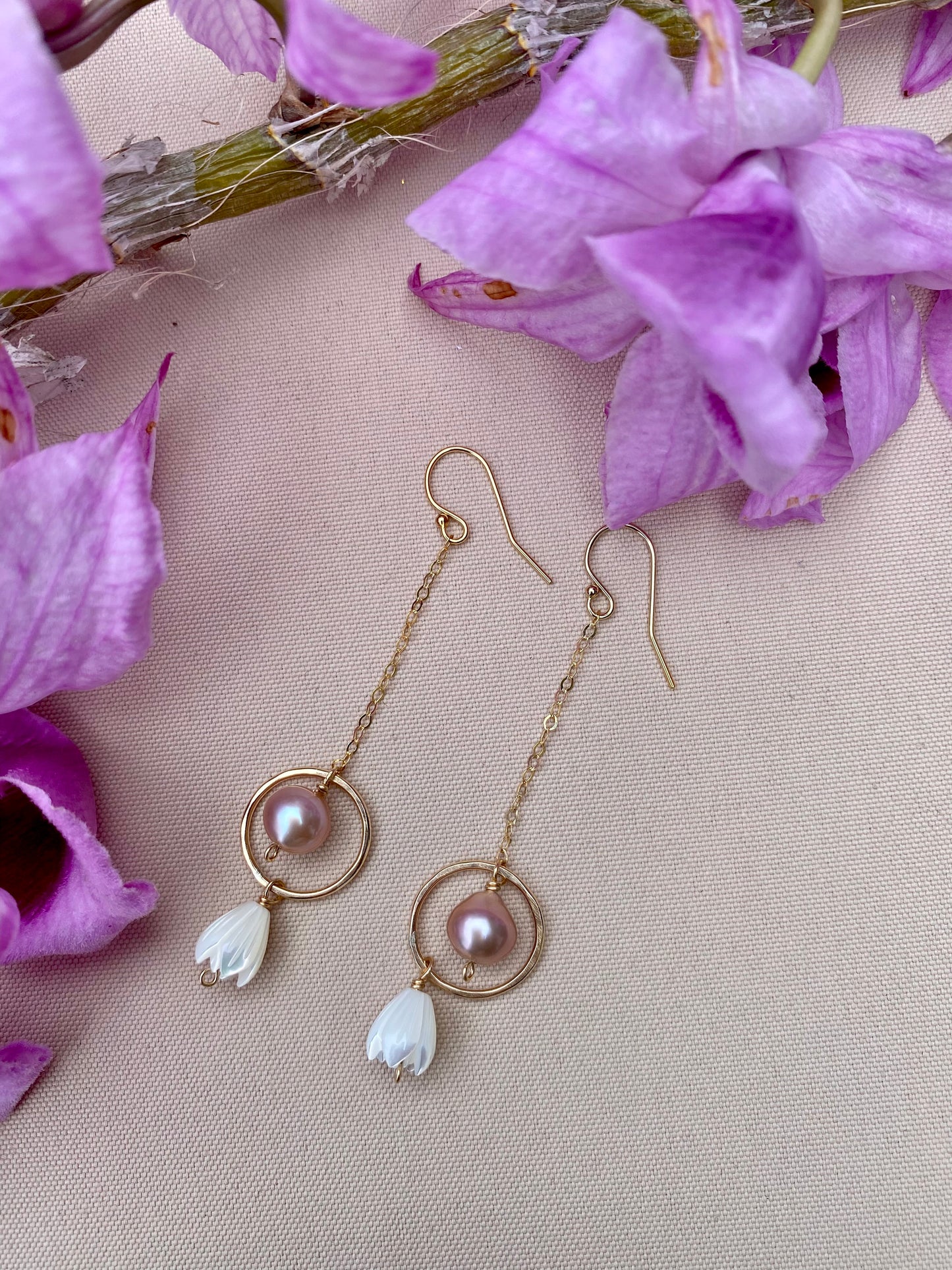 Pearl and Pikake Dangly Hoop Earrings