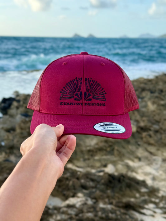 Lehua Trucker Hat - Black Stitching on Cranberry