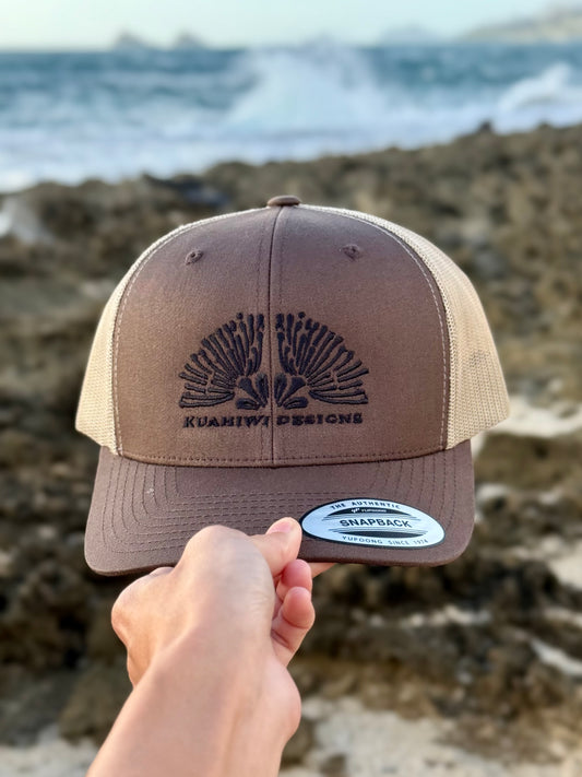 Lehua Trucker Hat - Black Stitching on Brown/Khaki