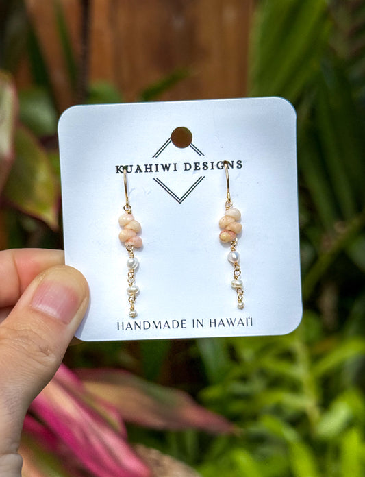 Pink Niihau Shell and Pearl Earrings