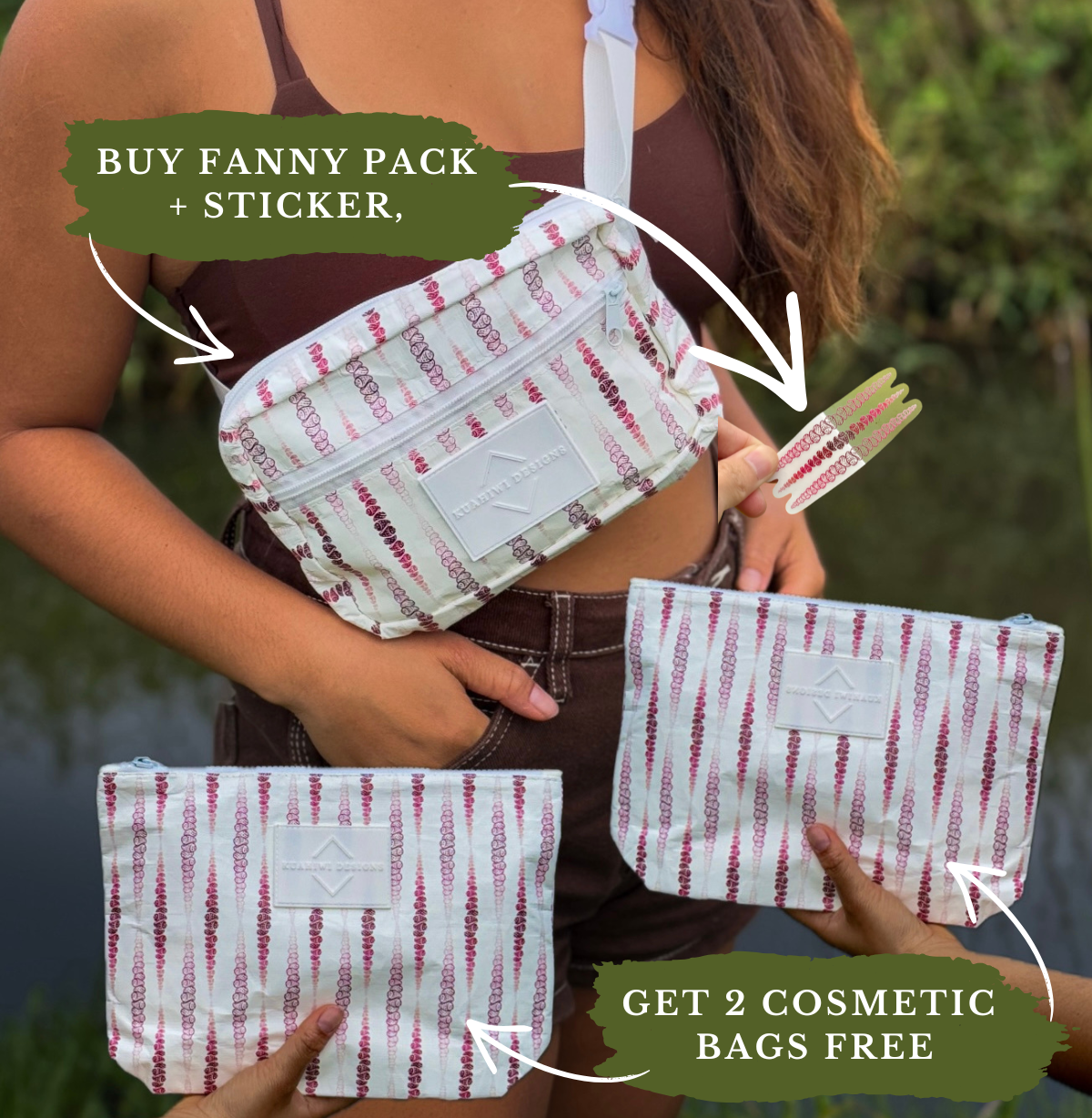 Buy 1 Kahelelani Fanny & Sticker, Get 2 Cosmetic Bags FREE